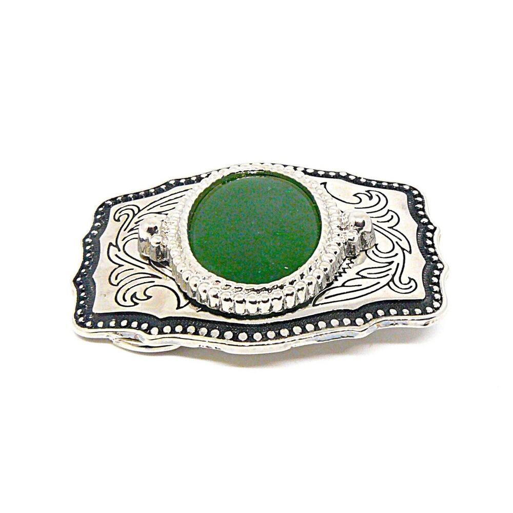 Belt Buckle Green Stone Silver Tone Setting Unisex Scroll Design USA Vintage - Picture 4 of 4
